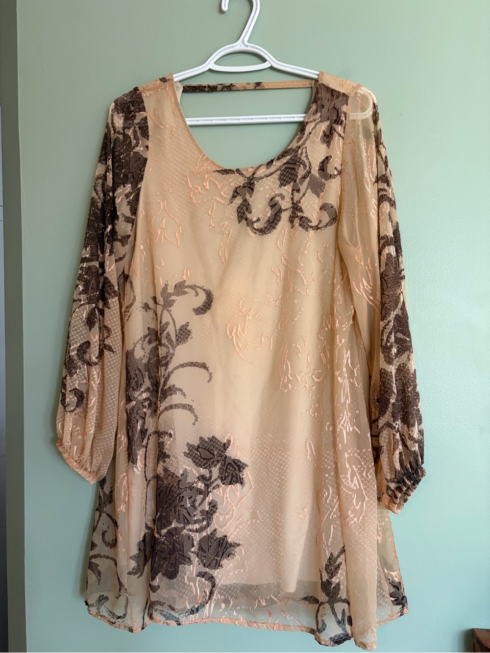 Audry 3+1 Floral Burnout Shift Dress M Sheer Long Sleeve Whimsigoth Boho Rayon